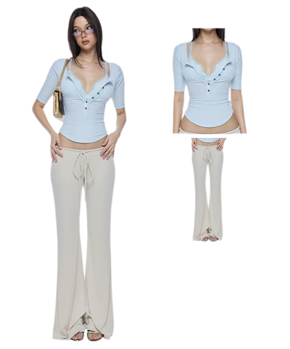 Ribbed Lace V-Neck Top Set