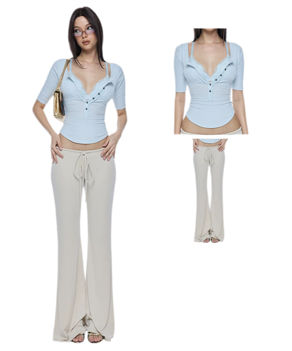 Ribbed Lace V-Neck Top Set
