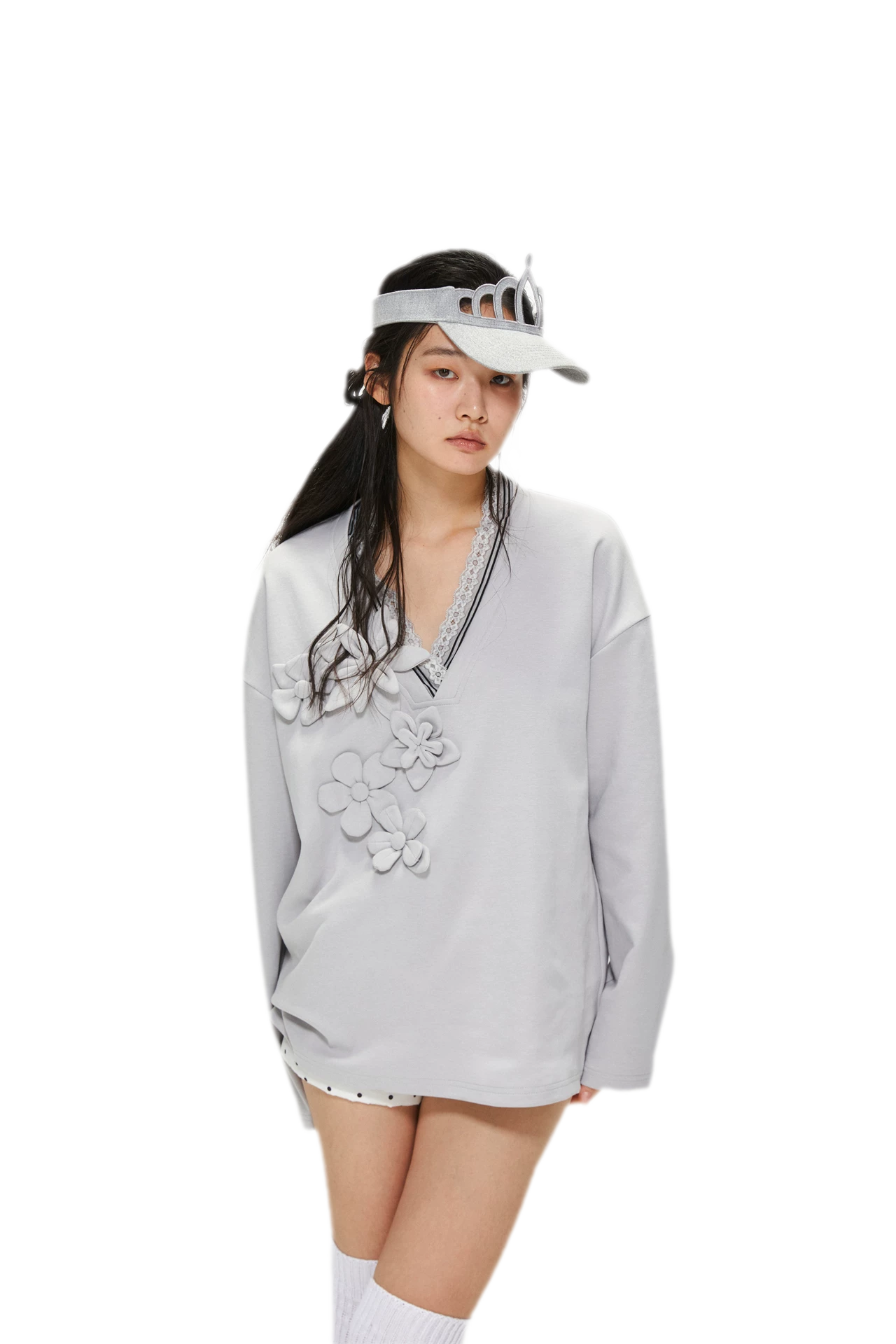 Handmade Flower Appliqué V-Neck Sweatshirt