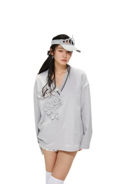 Handmade Flower Appliqué V-Neck Sweatshirt