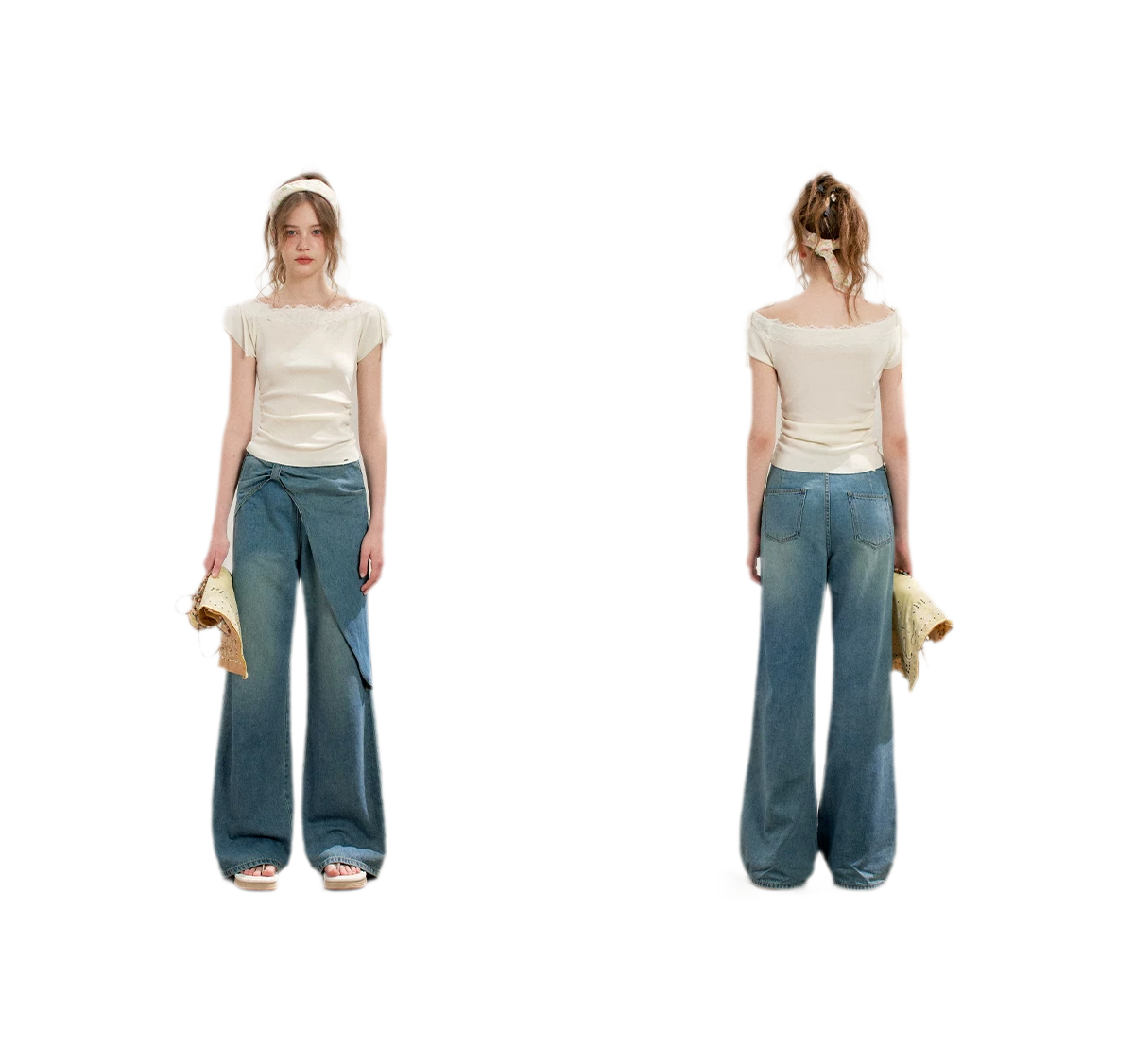 Lace Trim Off-Shoulder Knit Top &amp; Denim Pants