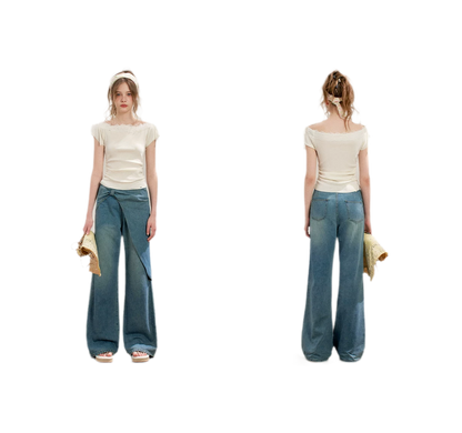 Lace Trim Off-Shoulder Knit Top &amp; Denim Pants