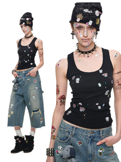 Washed Distressed Cropped Jeans