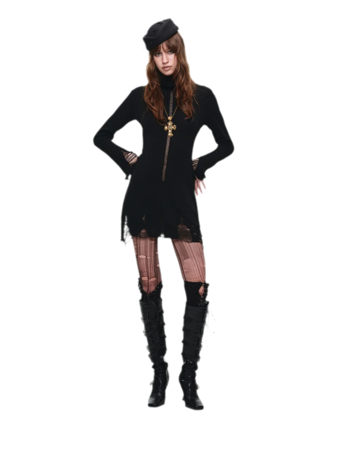 Distressed High-Neck Knit Dress