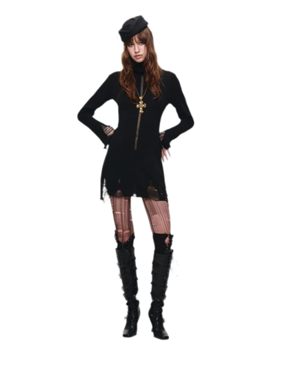 Distressed High-Neck Knit Dress
