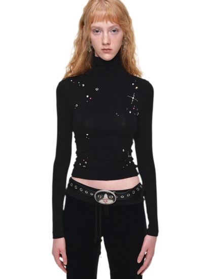 Top à col roulé en mérinos orné de strass
