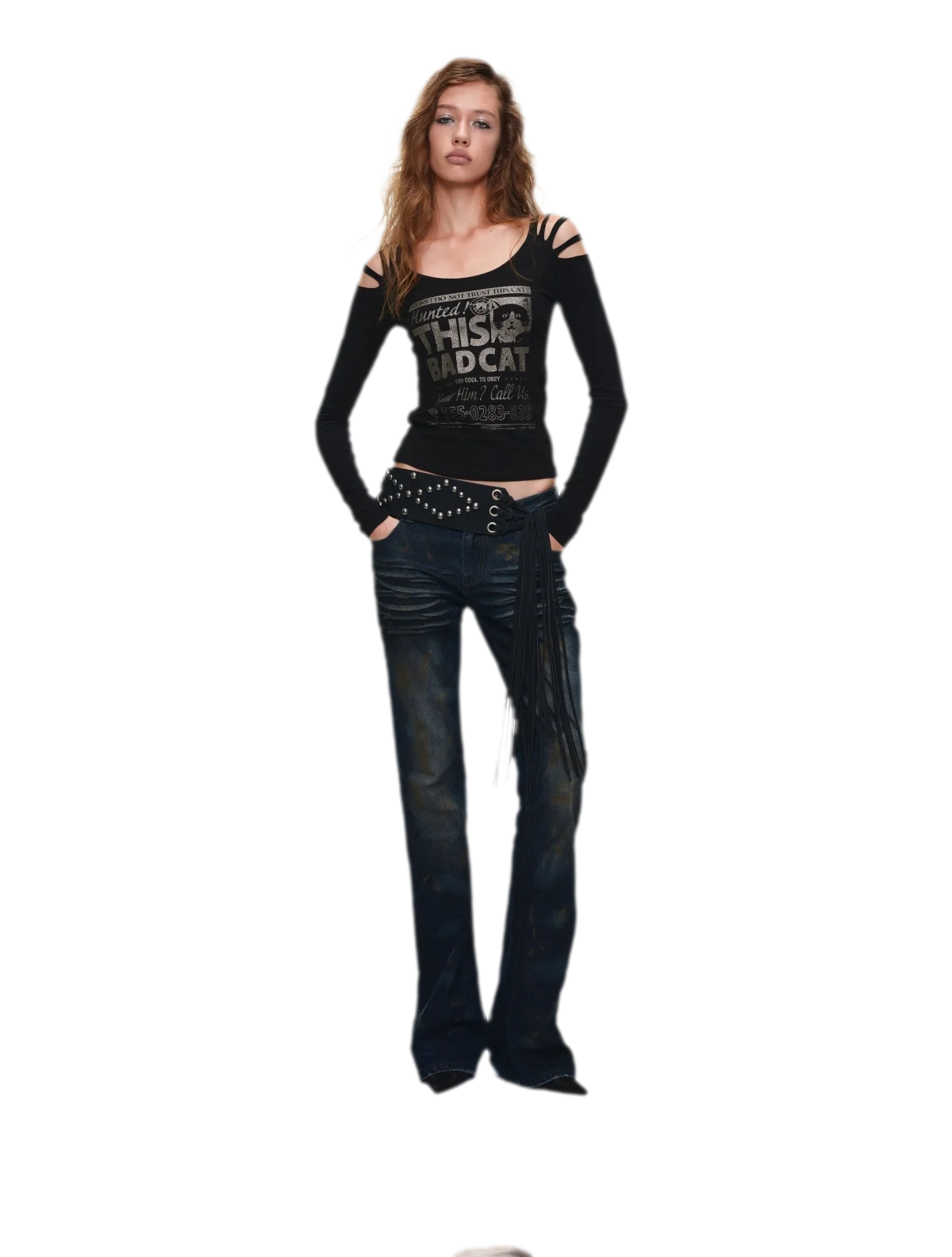 Distressed Graphic Off-Shoulder T-Shirt