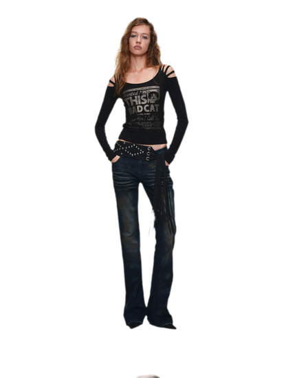 Distressed Graphic Off-Shoulder T-Shirt
