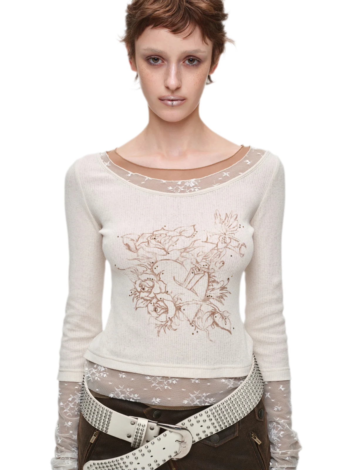 Vintage Lace Contrast Long-Sleeve Top