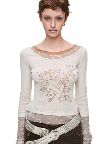 Vintage Lace Contrast Long-Sleeve Top
