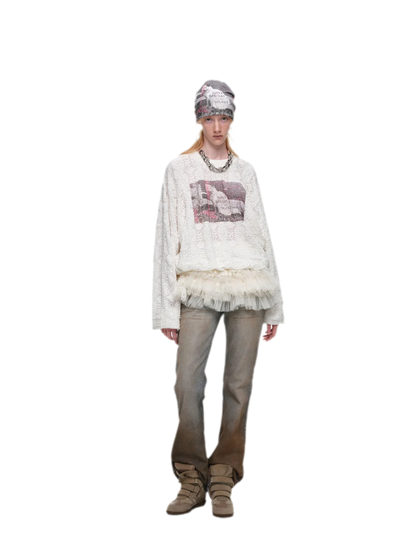 Distressed Cat Graphic Sweatshirt