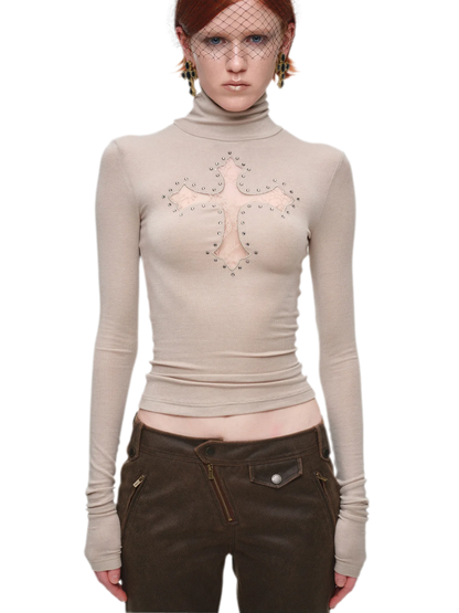 Rhinestone Lace Turtleneck Knit Top