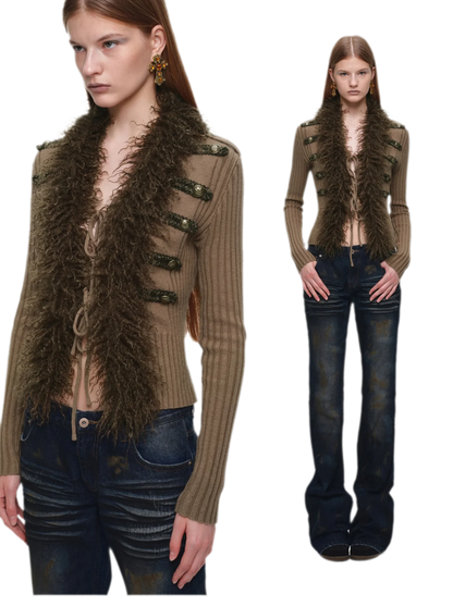 Rib-Knit Fitted Wool-Collar Cardigan