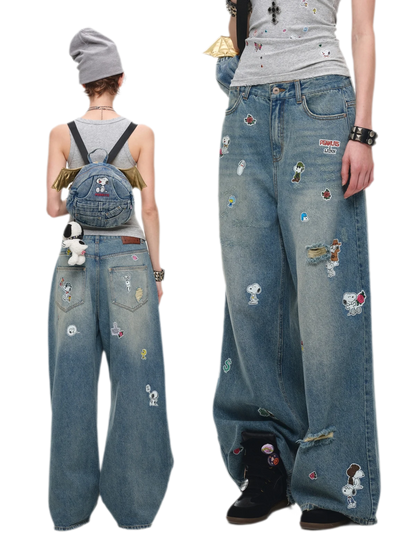 Washed Distressed Wide-Leg Jeans