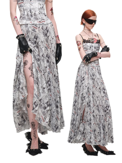 Pleated Newspaper A-Line Skirt