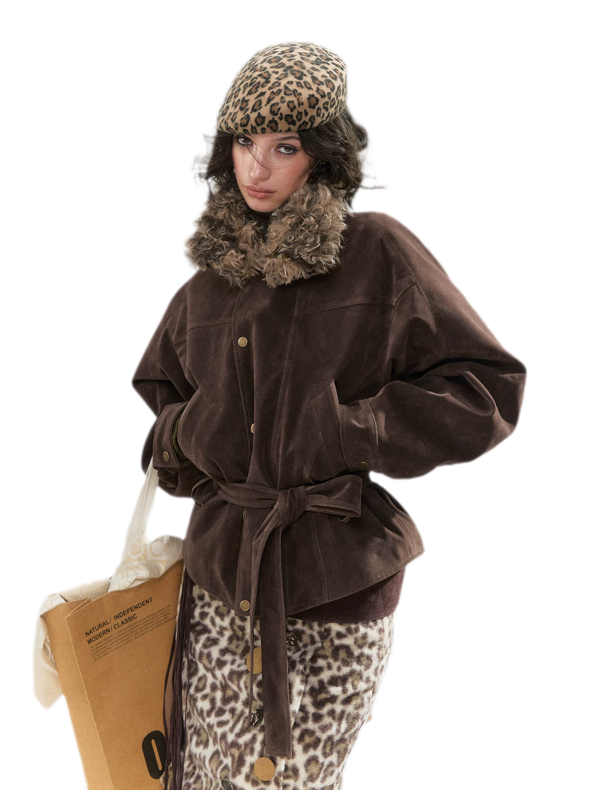 Chaqueta acolchada de ante sintético con cinturón