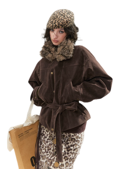 Chaqueta acolchada de ante sintético con cinturón
