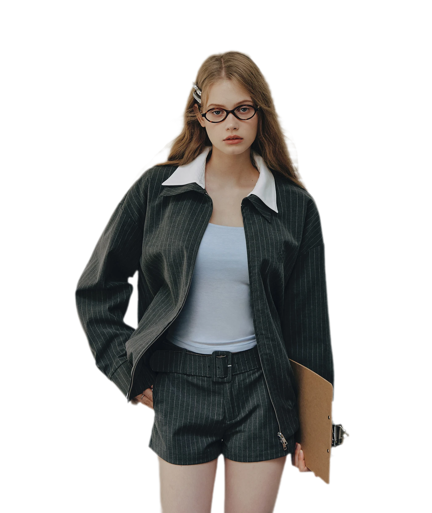 Pinstripe Belted Jacket Shorts Set