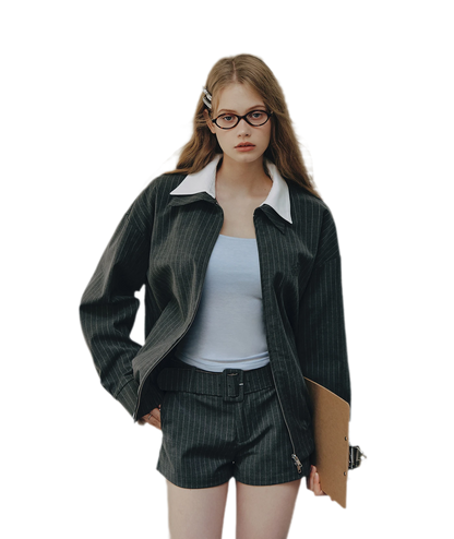 Pinstripe Belted Jacket Shorts Set