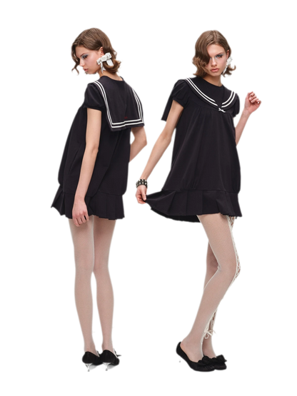 Retro Navy Collar Pleated Dress