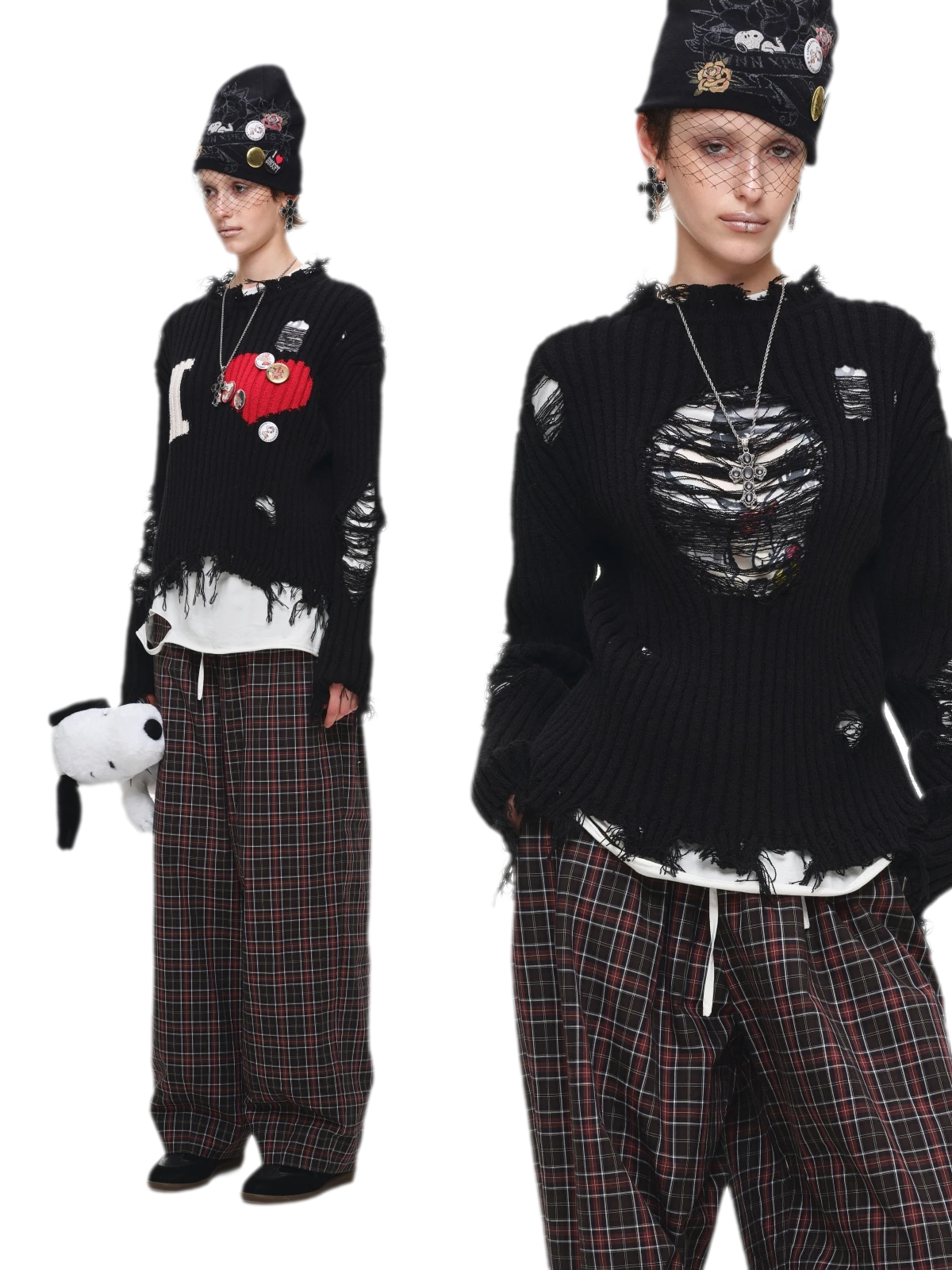 Contrast Plaid Wide-Leg Pants