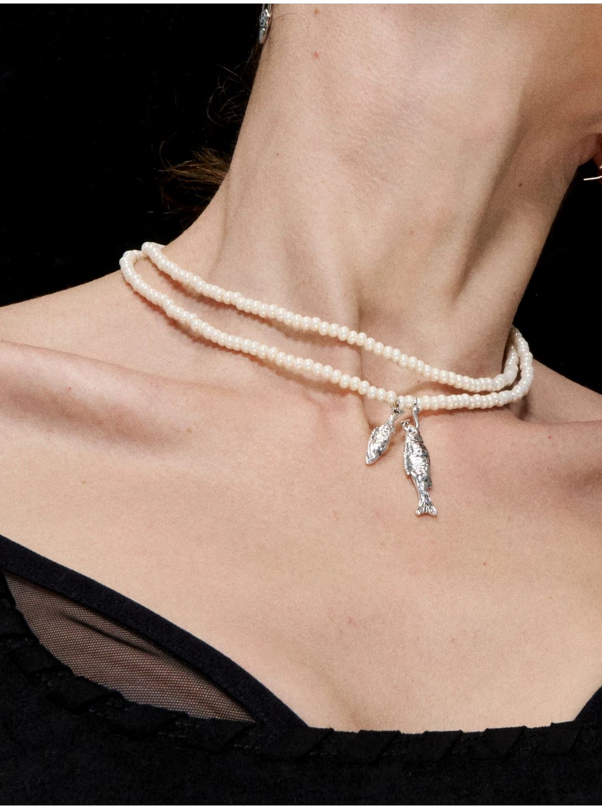 Double-Layer Beaded Fish Pendant Necklace