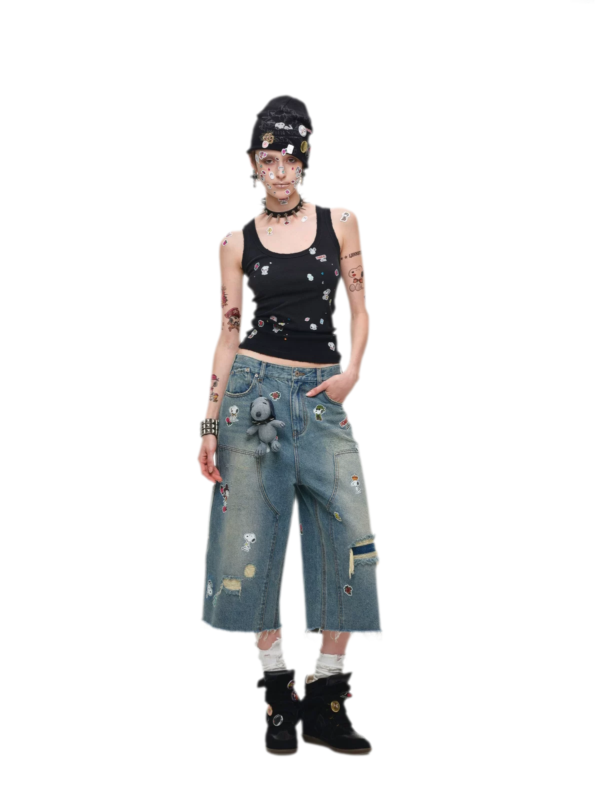 Washed Distressed Cropped Jeans