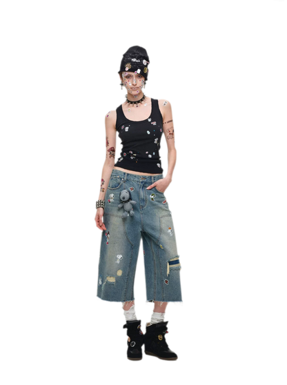 Washed Distressed Cropped Jeans