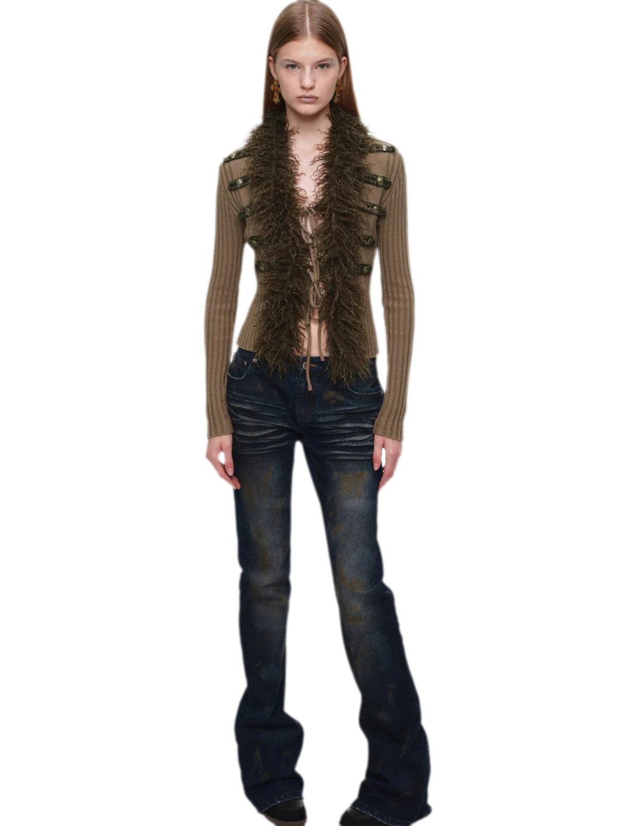 Rib-Knit Fitted Wool-Collar Cardigan