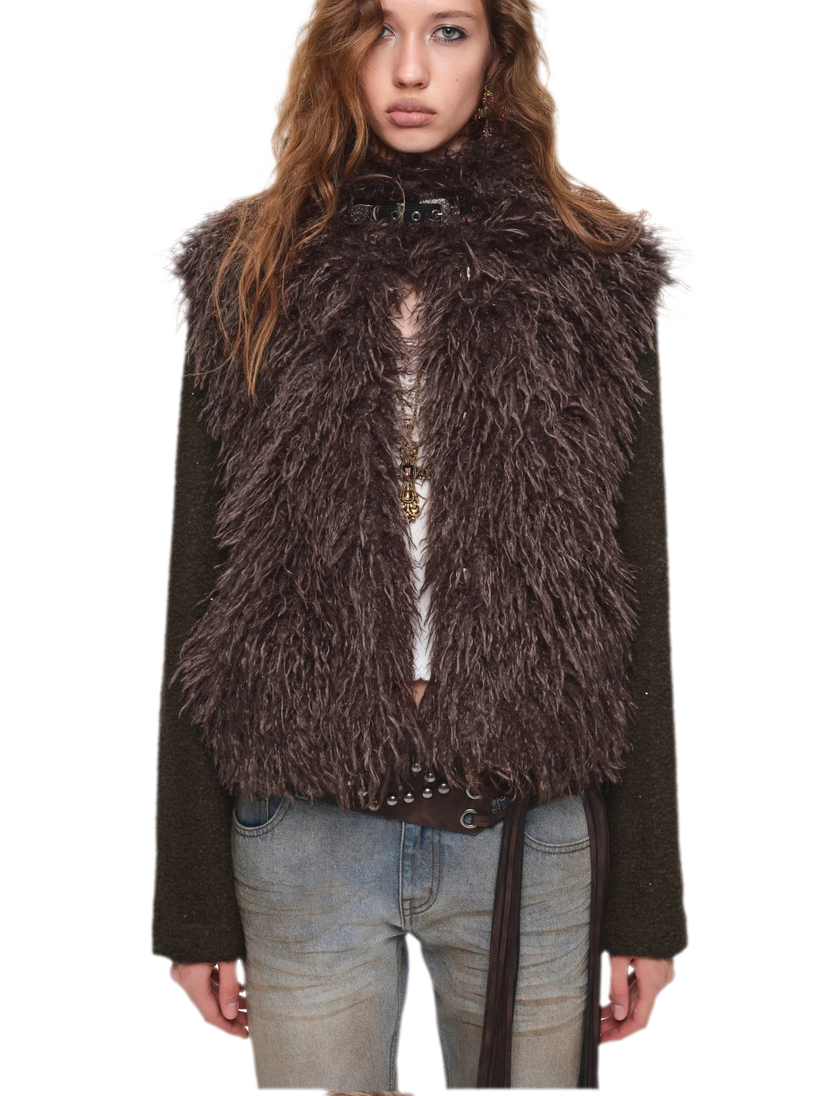 Veste courte en laine à ceinture contrastante