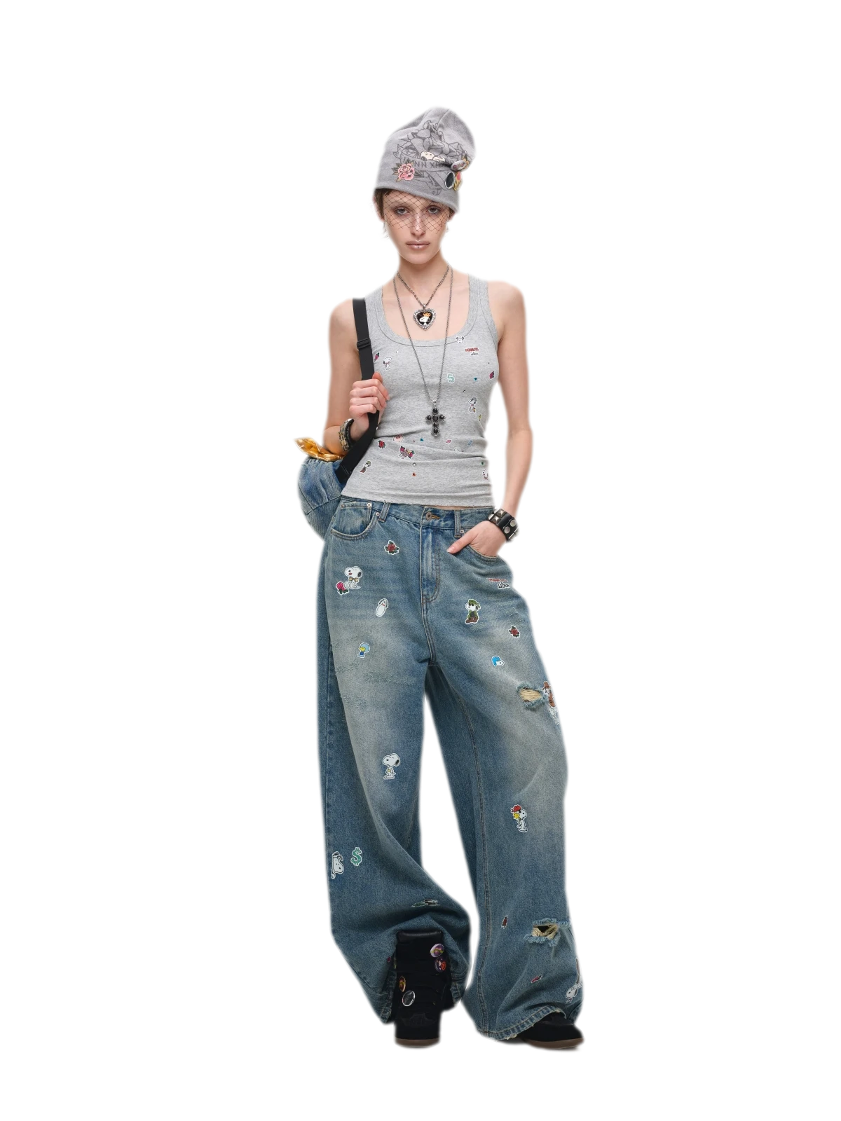 Washed Distressed Wide-Leg Jeans