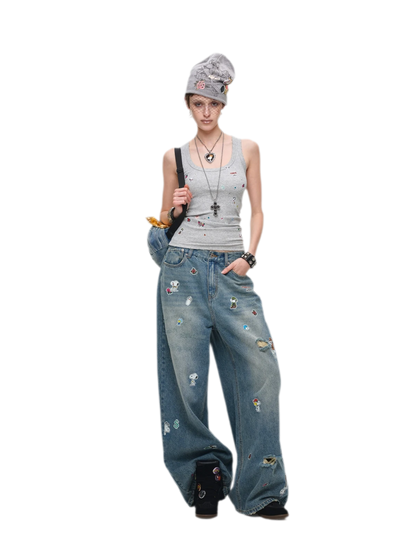Washed Distressed Wide-Leg Jeans