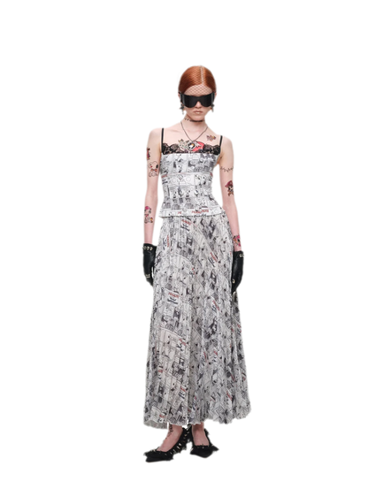 Pleated Newspaper A-Line Skirt