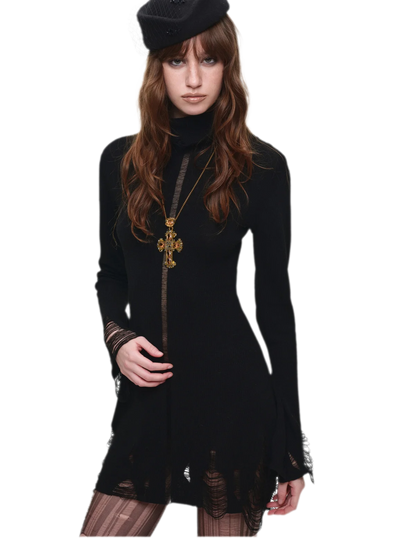 Distressed High-Neck Knit Dress