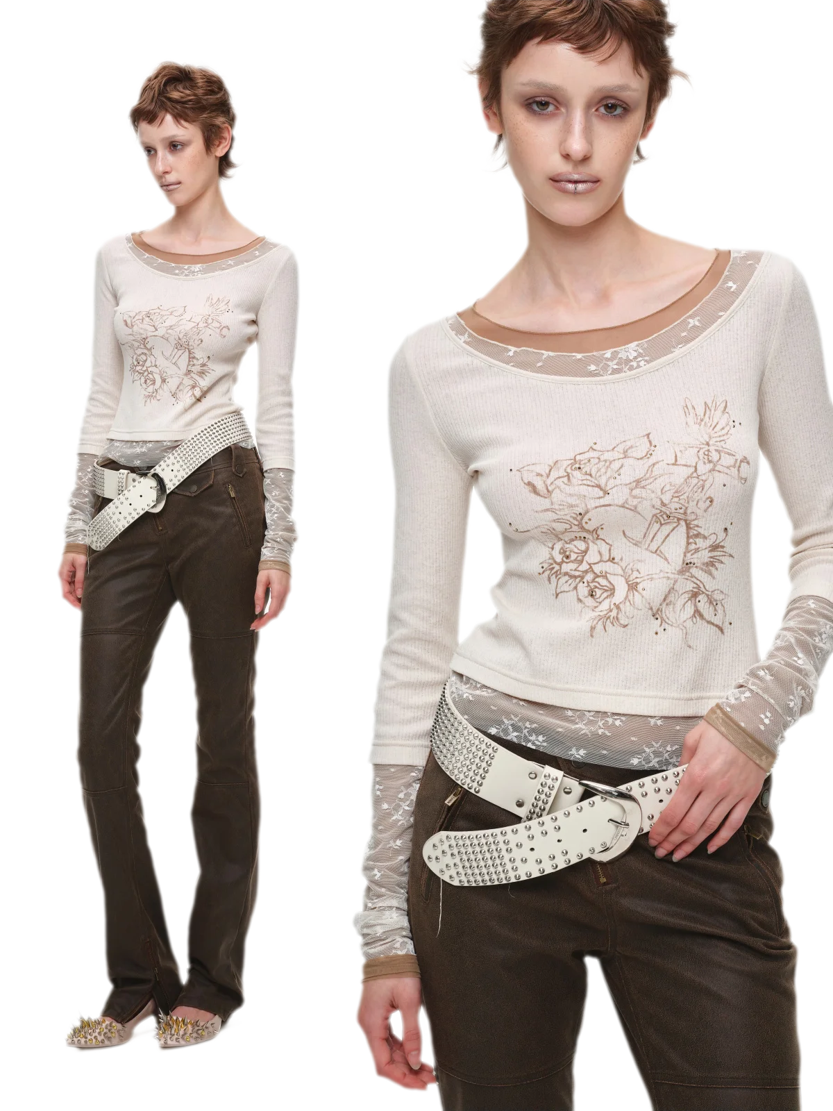 Vintage Lace Contrast Long-Sleeve Top