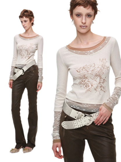 Vintage Lace Contrast Long-Sleeve Top