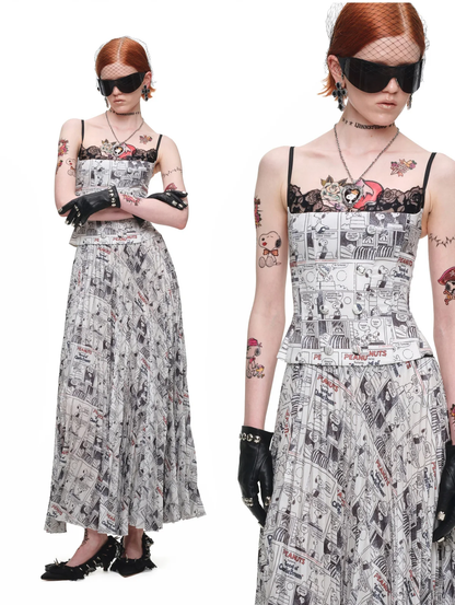 Pleated Newspaper A-Line Skirt