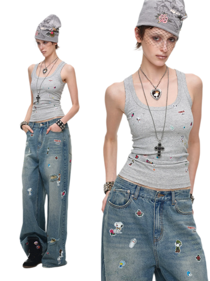 Washed Distressed Wide-Leg Jeans