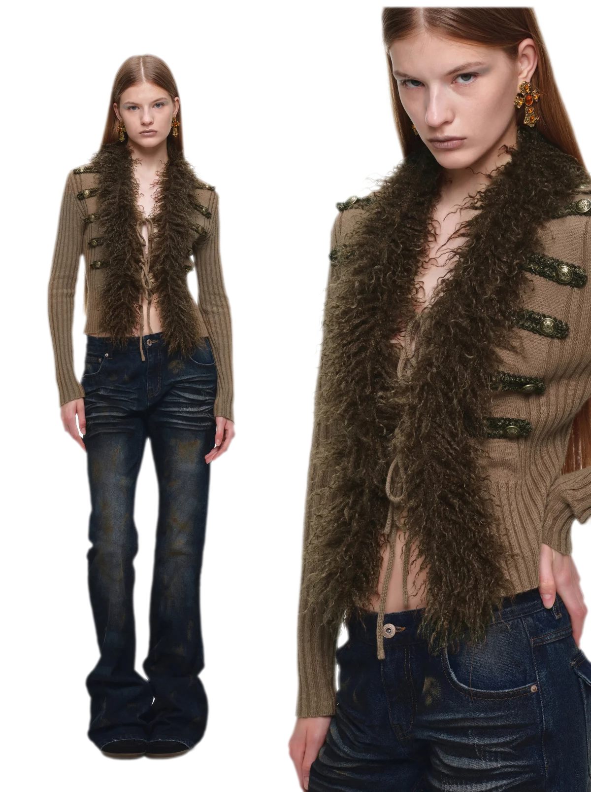 Rib-Knit Fitted Wool-Collar Cardigan