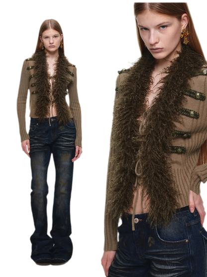 Rib-Knit Fitted Wool-Collar Cardigan