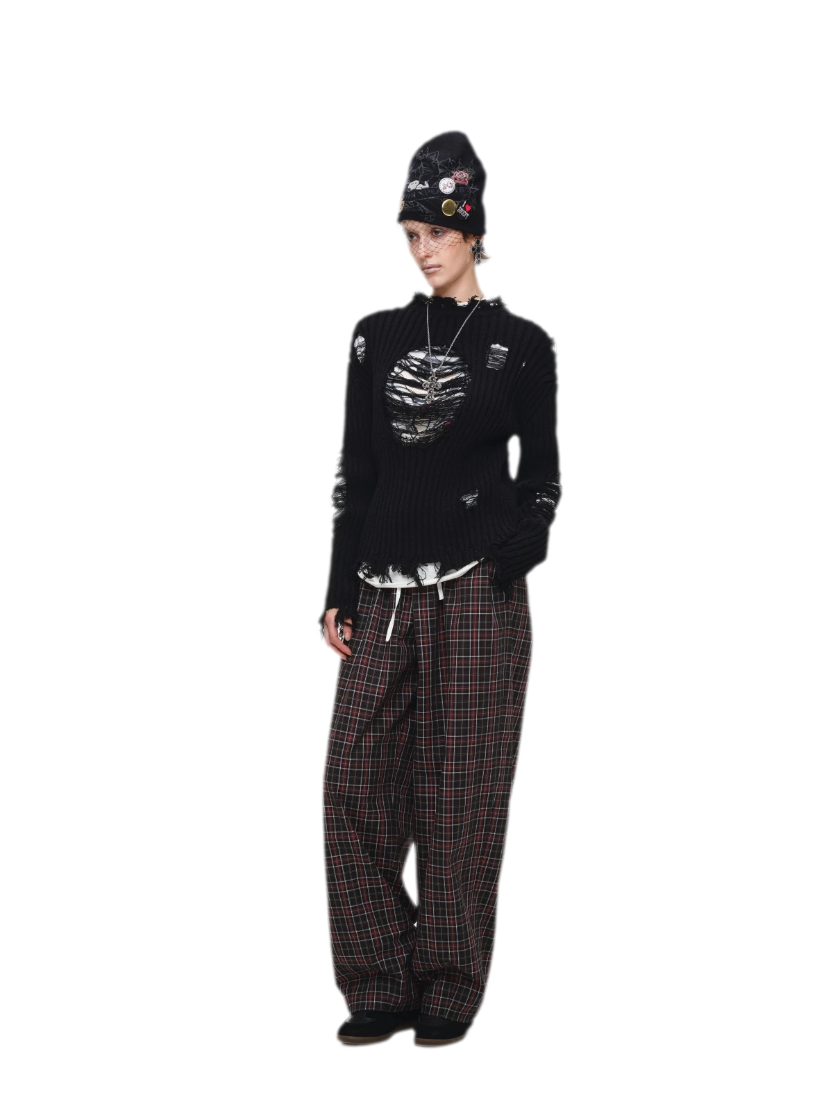 Contrast Plaid Wide-Leg Pants