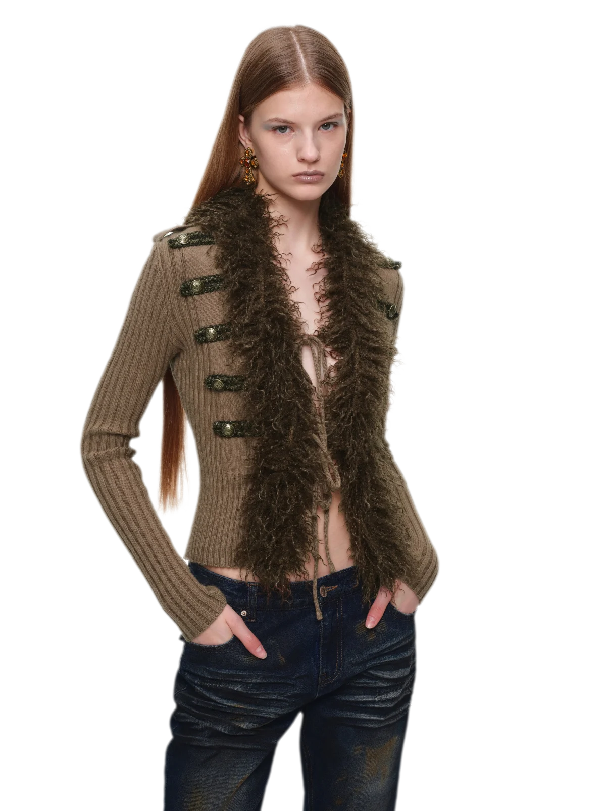 Rib-Knit Fitted Wool-Collar Cardigan