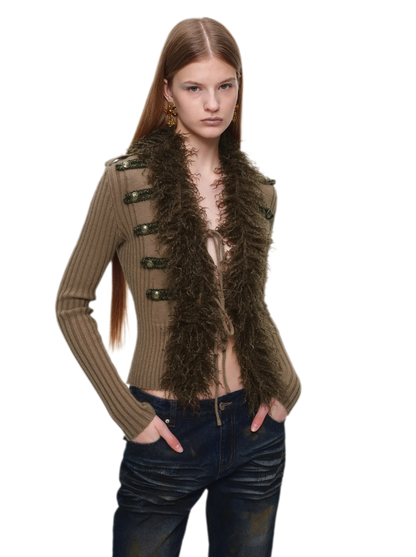 Rib-Knit Fitted Wool-Collar Cardigan