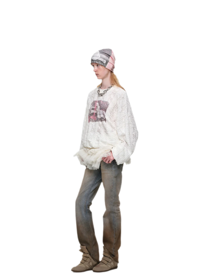 Distressed Cat Graphic Sweatshirt