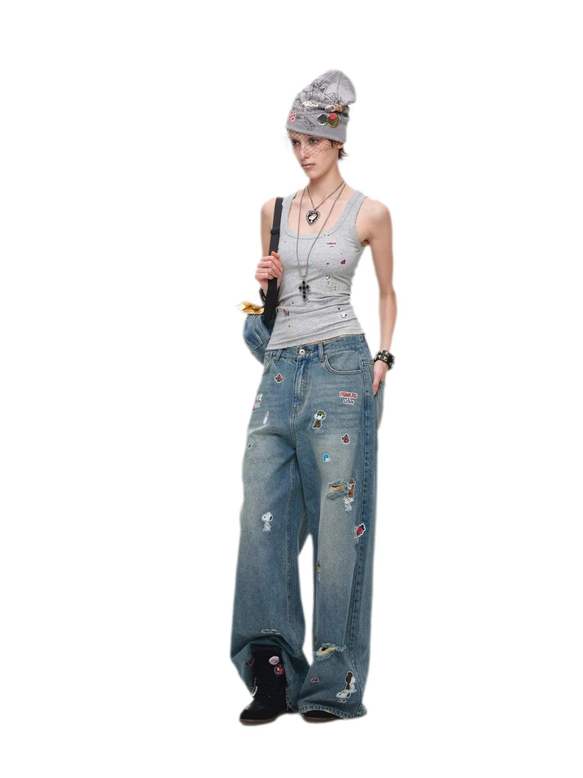 Washed Distressed Wide-Leg Jeans