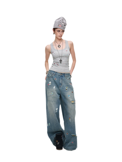 Washed Distressed Wide-Leg Jeans