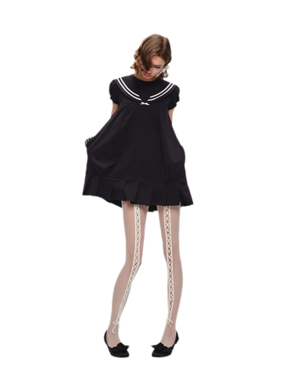Retro Navy Collar Pleated Dress
