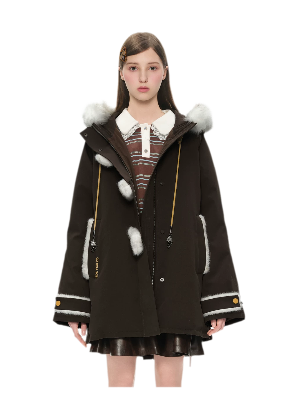 Doudoune mi-longue en duvet à boutons brandebourgs et effet peluche