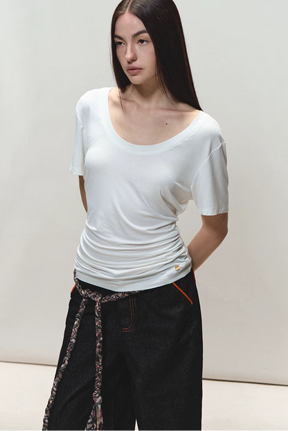 Relaxed Fit Mid-Length Two-Tone Classic U-Neck T-shirt