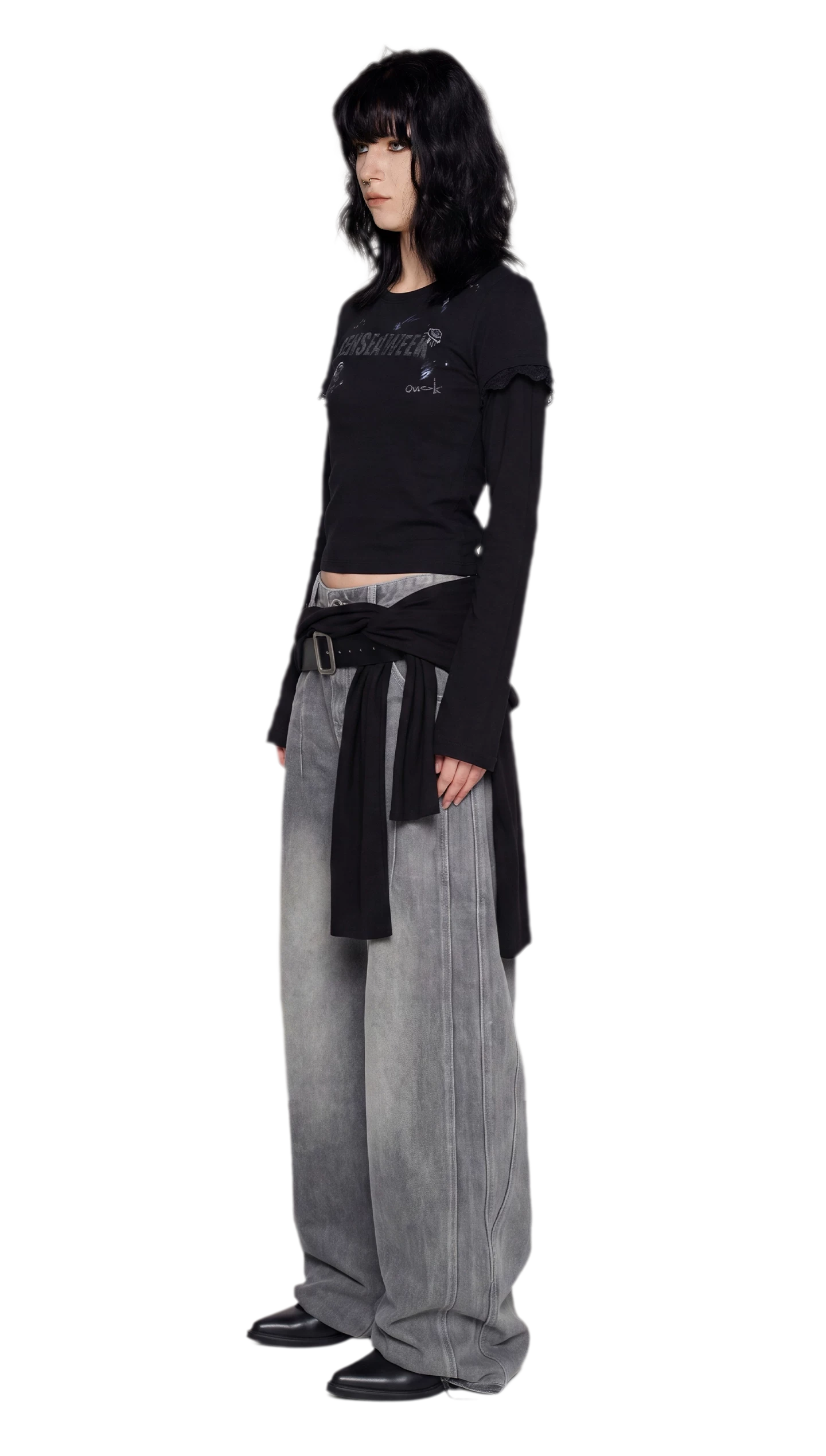 Ribbed Lace Trim Layered T-Shirt